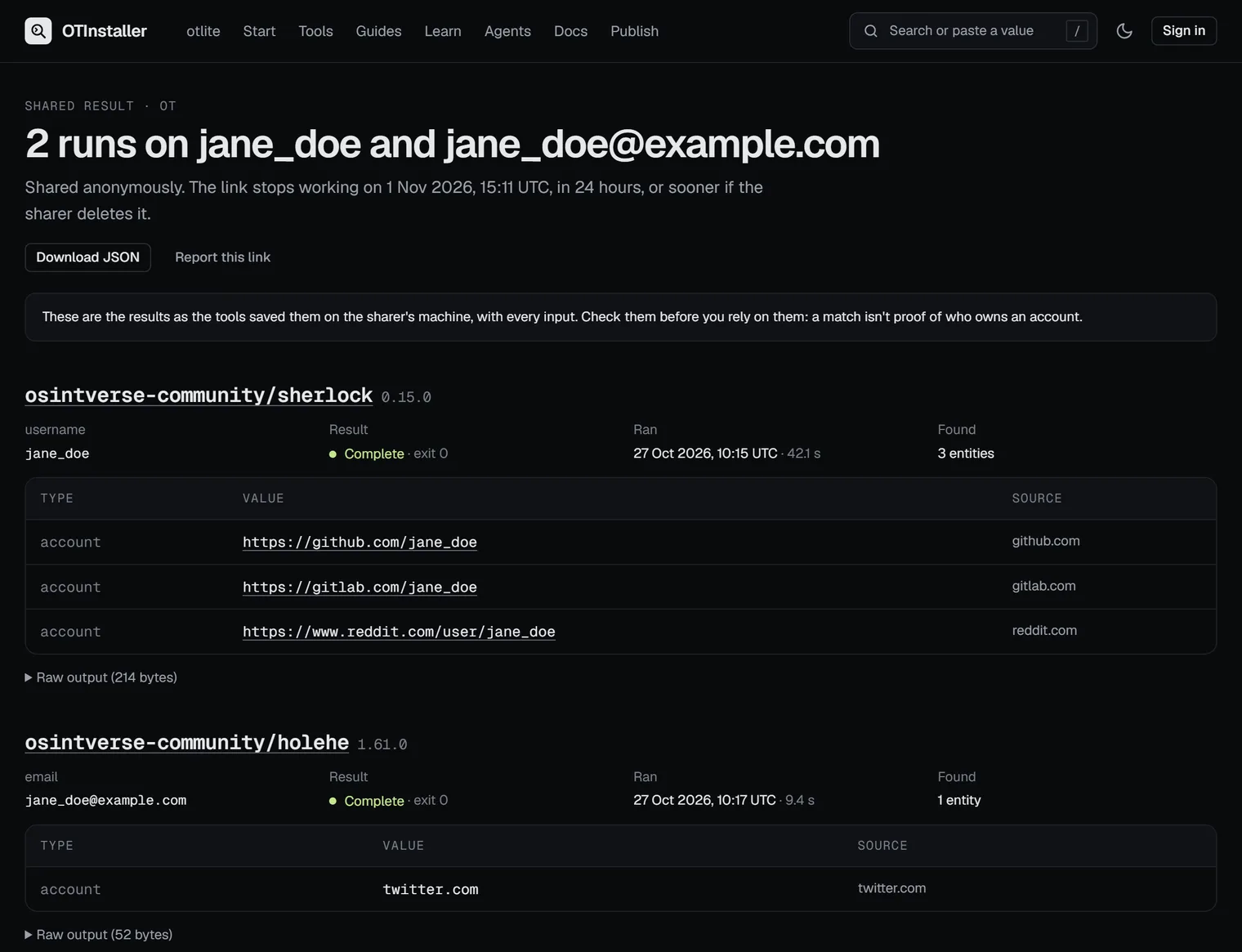 A shared result page with two runs on the example username jane_doe: sherlock’s three accounts and holehe’s one, each with its input, how it ended, when it ran and how long it took